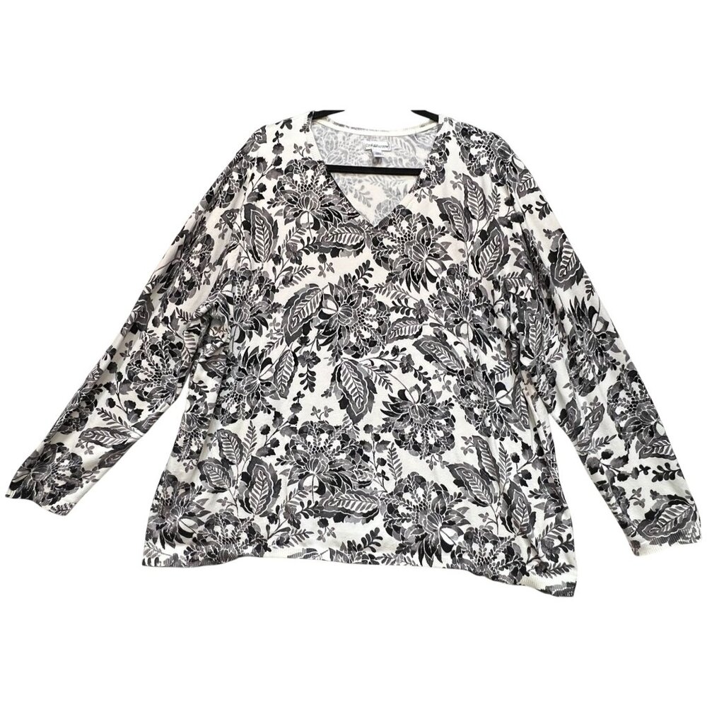 Croft & Barrow Women's V Neck Top Long Sleeve Stretch Size 3X White Black Floral